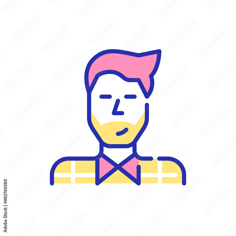 Bearded hipster man wearing a plaid shirt. Pixel perfect, editable stroke fun color avatar icon