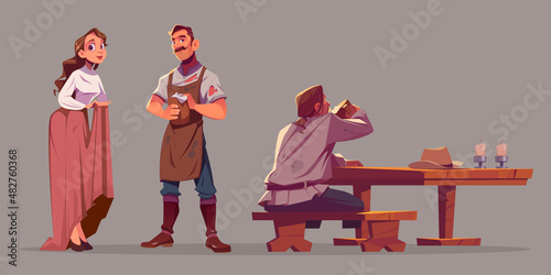 People in old tavern, waitress, bartender and man sitting at wooden table with cowboy hat and candles. Vector cartoon set of characters in vintage pub, girl hostess, barman and client drinks beer