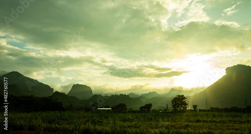 evening light on mountains and nature
