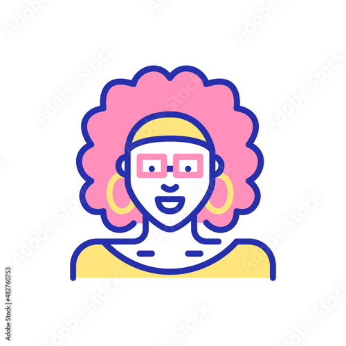Girl with curly hair in a headband. African ethnicity person. Pixel perfect, editable stroke fun color avatar icon