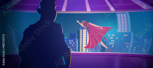 Superhero woman flies above city street outside panoramic window. Vector cartoon illustration of man watching superwoman in red cape flying in hero pose through curved glass wall or on movie screen