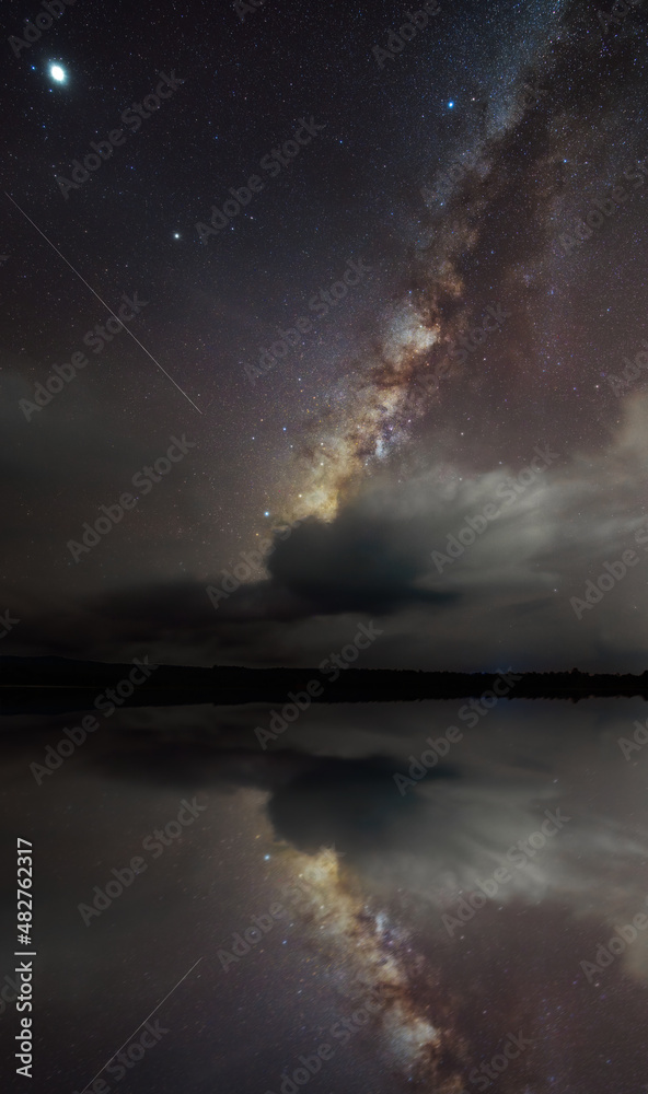night landscape night sky milky way and star on dark background and water reflection . universe called,nebula and galaxy with noise and grain.
