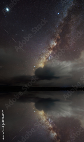 night landscape night sky milky way and star on dark background and water reflection . universe called nebula and galaxy with noise and grain.