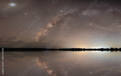 panorama night landscape night sky milky way and star on dark background and water reflection . universe called,nebula and galaxy with noise and grain. 