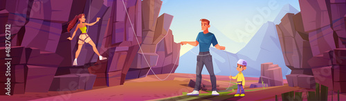 Family with child climbing mountain, woman rock climber on stone wall, man and little kid in helmet holding rope on summertime landscape. Alpinist adventure, extreme sport Vector cartoon illustration