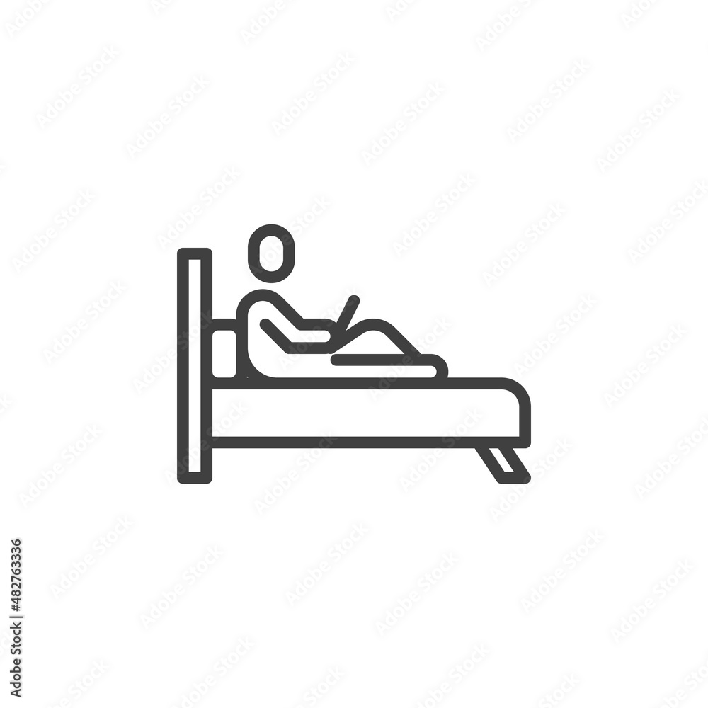 Man with laptop on bed line icon Man with laptop on bed line icon