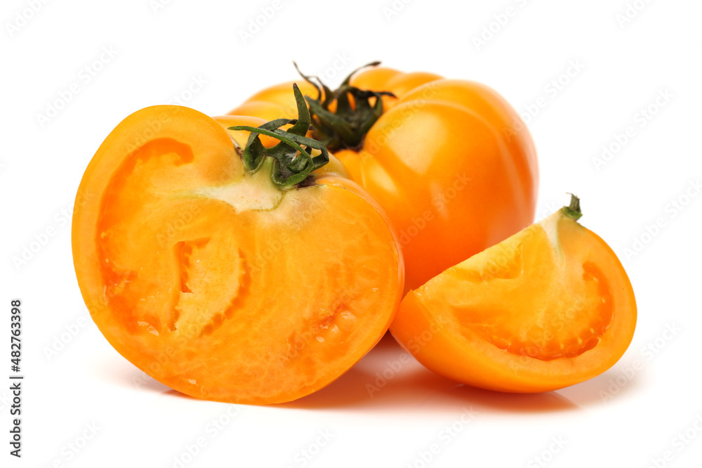 fresh yellow tomatoes on white background 