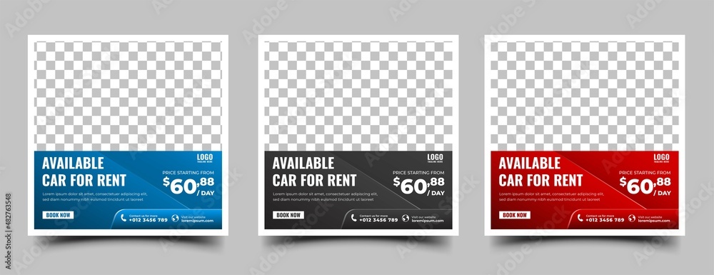 Set of Editable square banner design template for car rental promotion. Modern background with place for the photo. Usable for social media post, banner, story, and web ad.