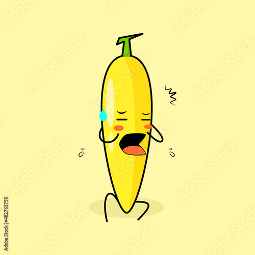 cute banana character with afraid expression and sit down. green and yellow. suitable for emoticon, logo, mascot or sticker