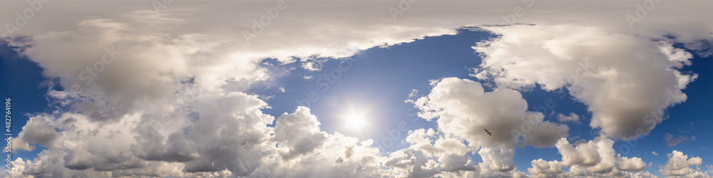 Blue sky panorama with puffy Cumulus clouds. Seamless hdr pano in spherical equirectangular format. Sky dome or zenith for 3D visualization, game and sky replacement for aerial drone 360 panoramas. Blue sky panorama with puffy Cumulus clouds. Seamless hdr pano in spherical equirectangular format. Sky dome or zenith for 3D visualization, game and sky replacement for aerial drone 360 panoramas.