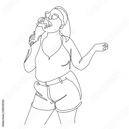 Happy Curvy Woman with Ice Cream in Hand Line Art Drawing. Minimalist Line Ilustration of Full Female Silhouette Trendy Linear Style. Art Design for Posters, Prints, Social Media. Vector EPS 10