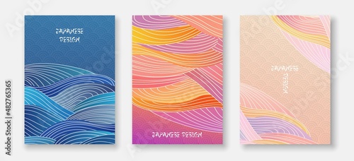 Poster Set in Japanese Style, Abstract Backgrounds with Waves Textures. Japanese Abstract Template Set with Wave Pattern. Vector EPS 10