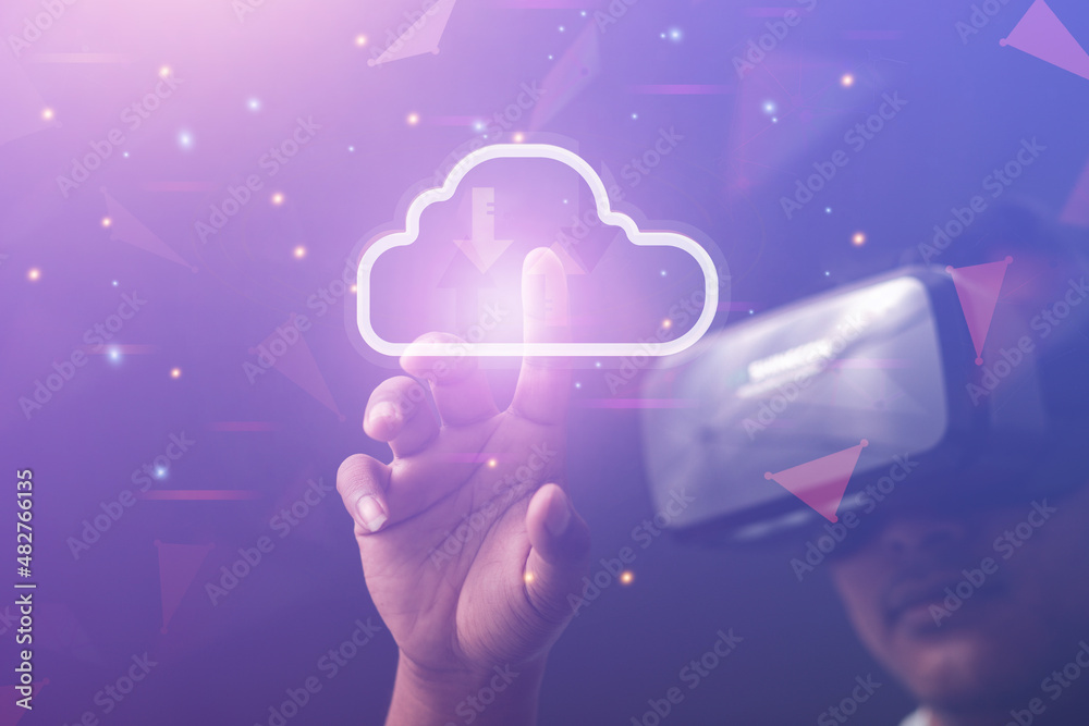 Fototapeta premium cloud technology concept Businessmen use virtual reality VR glasses of the metaverse virtual world to visualize Virtual industrial business network and online network development ,VR technology ,Onlin