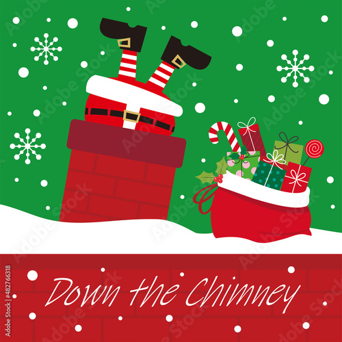 christmas card with santa claus and gifts in the chimney