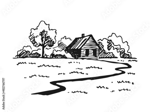 Landscape with country house. Hand drawn illustration converted to vector.