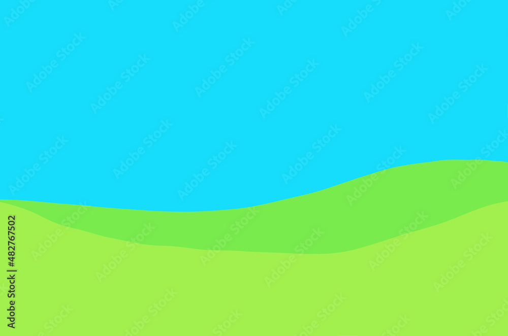 Simple green field, minimalism. Spring green field and blue sky. Simplified background of a summer landscape with the image of hills and sky.background with field and sky with copy space for your text