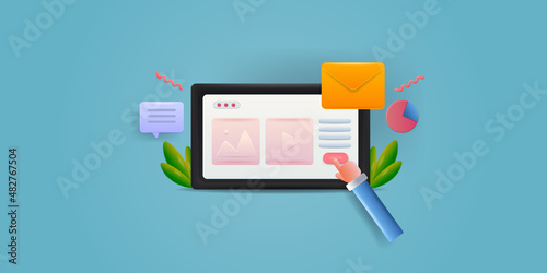 Content marketing, subscription to social media channel, marketing email notification, data chart, diagram. Engaging audience with content promotion - 3d illustration concept. 