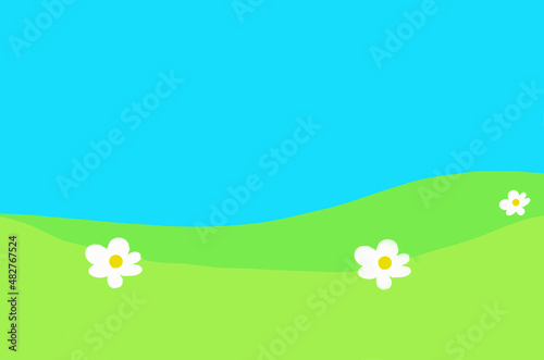 A field of flowers with daisies. Horizontal summer landscape. A simple landscape for home decor, office art and wallpaper. Minimalism. Background with field, flowers and sky with a place to copy space