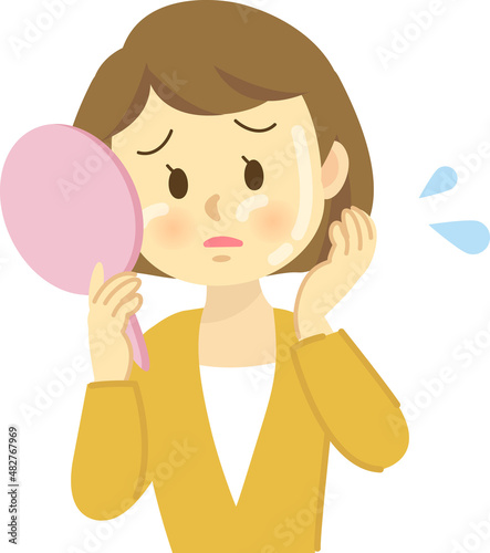 イラスト素材：肌トラブル　若い女性が「オイリー肌によるテカリ」に悩む姿
