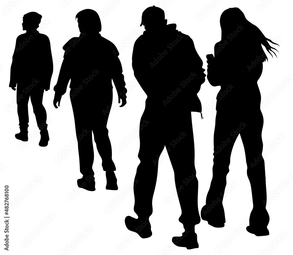 Vector silhouettes of a group of fellow travelers, go in the same direction, go away, back view. A man and a woman walk side by side, the girl looks at the phone. 2 people walk in front of each other Vector silhouettes of a group of fellow travelers, go in the same direction, go away, back view. A man and a woman walk side by side, the girl looks at the phone. 2 people walk in front of each other