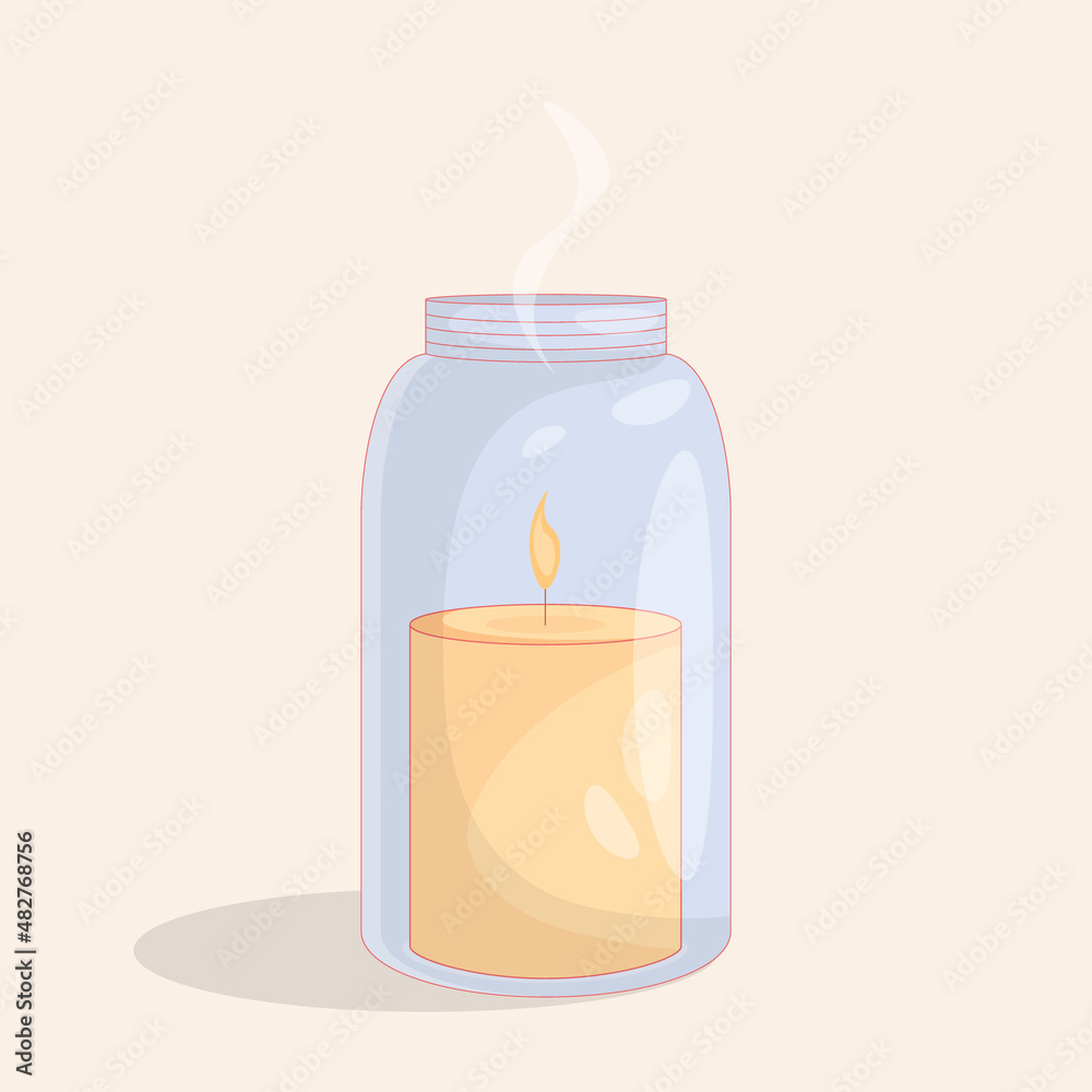 Illustration of a burning yellow candle in a glass jar with an outline with smoke. Illustration of a burning yellow candle in a glass jar with an outline with smoke.