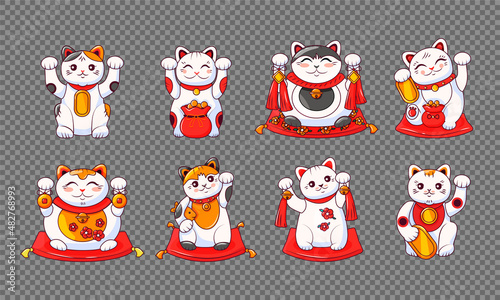 Japanese cats Maneki Neko with raised paws on red pillows. Symbol of luck and wealth. Vector cartoon illustration on a transparent background