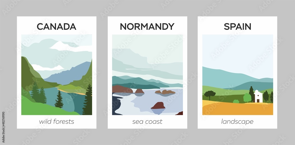 Set of decorative art print with abstract modern colored landscapes. Collection of backgrounds of nature, coast, forest, sea of different seasons for covers, cards, decor. Vector illustration