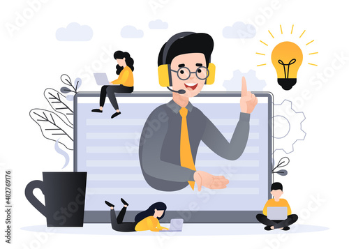 Concept customer and operator, online technical support 24-7 for web page. Vector illustration male hotline operator advises client. Personal assistant, Online assistant, virtual help service.