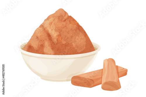 Sandalwood, chandan pieces and powder in bowl ingredient in cartoon style isolated on white background. Dried wood, medical material.