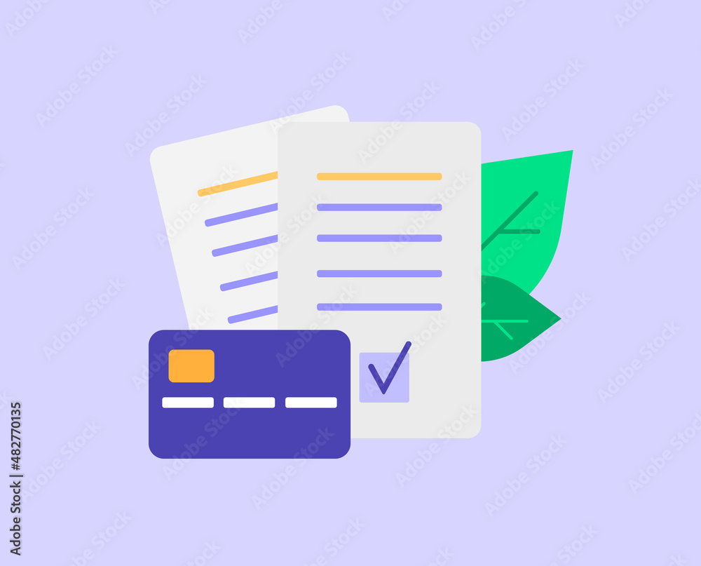 Credit card, contract. Design in cartoon style. Business financial investments. Creative concept of cash back. Shopping time. Vector illustration Credit card, contract. Design in cartoon style. Business financial investments. Creative concept of cash back. Shopping time. Vector illustration