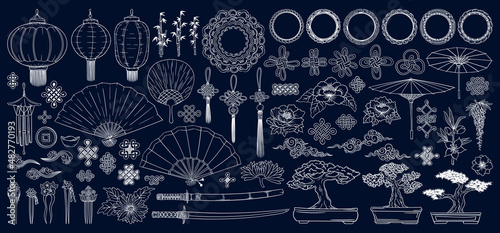 Asian doodles set. Asia culture symbols collection. Eastern traditional elements set. Samurai katana. Bonsai tree, peony flowers, sakura, bamboo. Kimono ornament.