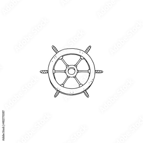Steering wheel rudder. Vector black white doodle sketch outline retro isolated illustration.