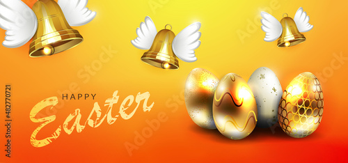 Orange illustration with easter eggs and golden colored bells