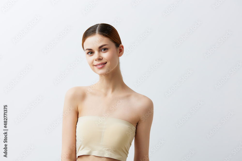 beautiful woman smiling woman bare shoulders clean skin charm isolated background beautiful woman smiling woman bare shoulders clean skin charm isolated background