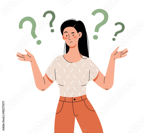 Confused girl with question marks. Isolated flat character on a white background.