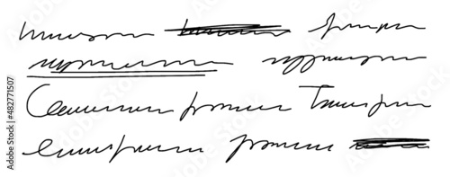 Fragment of unreadable text. Sweeping, unreadable handwriting. Scribble letter with crossed out and underlined words. Vector illustration of illegible font isolated on white background.