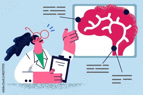 Smiling female neurologist make presentation about brain 