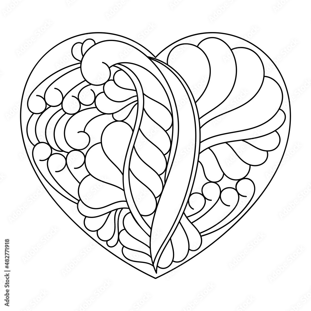 Fototapeta premium Vector heart for coloring book page. Black and white abstract ornament.