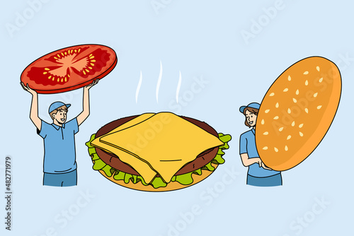 Fast food and making burger concept. Young workers in apron making cheeseburger adding tomato and covering with bun vector illustration 