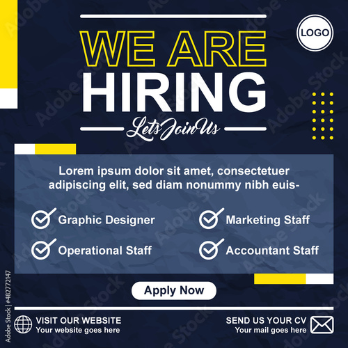 banner recruitment we are hiring job vacancy square social media template simple modern blue yellow design