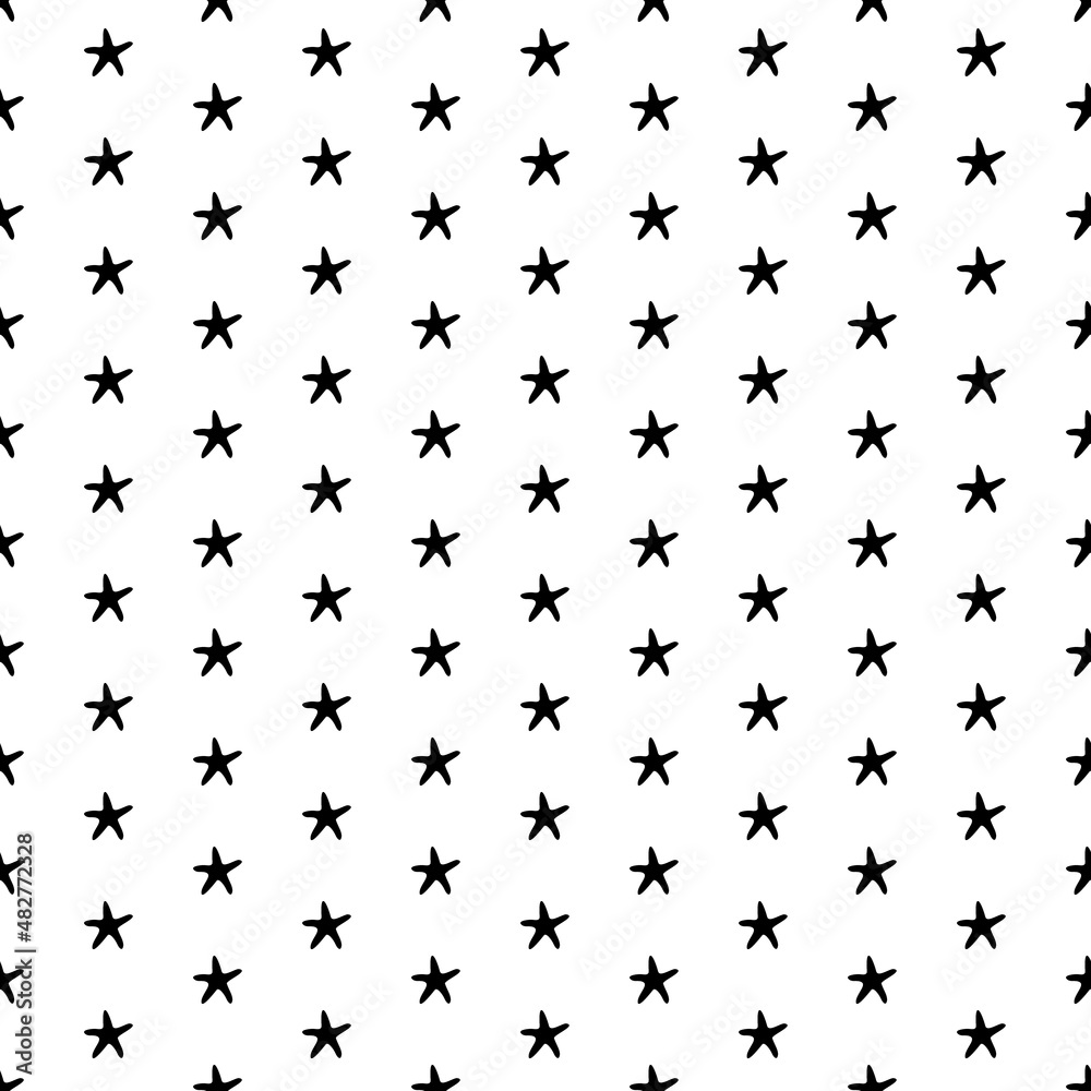 Square seamless background pattern from geometric shapes. The pattern is evenly filled with big black starfish symbols. Vector illustration on white background