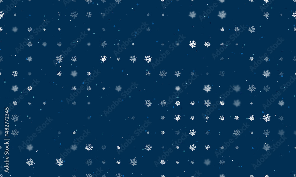 Seamless background pattern of evenly spaced white coral symbols of different sizes and opacity. Vector illustration on dark blue background with stars Seamless background pattern of evenly spaced white coral symbols of different sizes and opacity. Vector illustration on dark blue background with stars