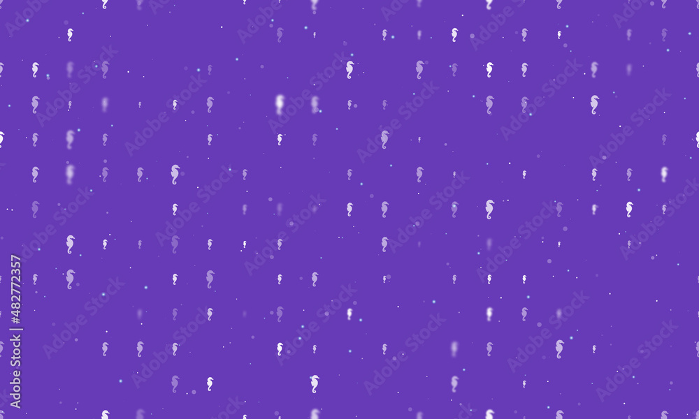 Seamless background pattern of evenly spaced white sea horse symbols of different sizes and opacity. Vector illustration on deep purple background with stars