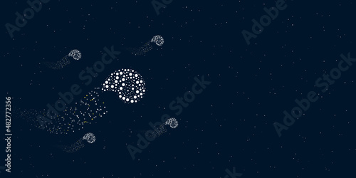 A marine nautilus symbol filled with dots flies through the stars leaving a trail behind. There are four small symbols around. Vector illustration on dark blue background with stars