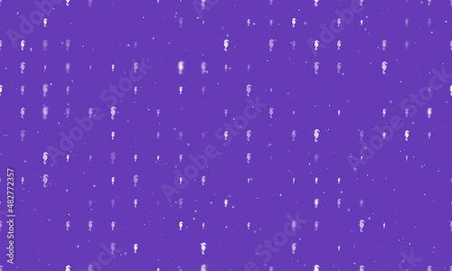 Seamless background pattern of evenly spaced white sea horse symbols of different sizes and opacity. Vector illustration on deep purple background with stars