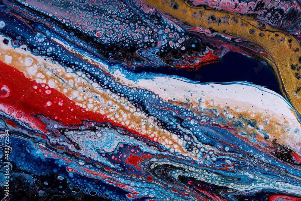 Liquid acrylic background, fluid art with spots, streaks, mixing white, blue, red, gold paints