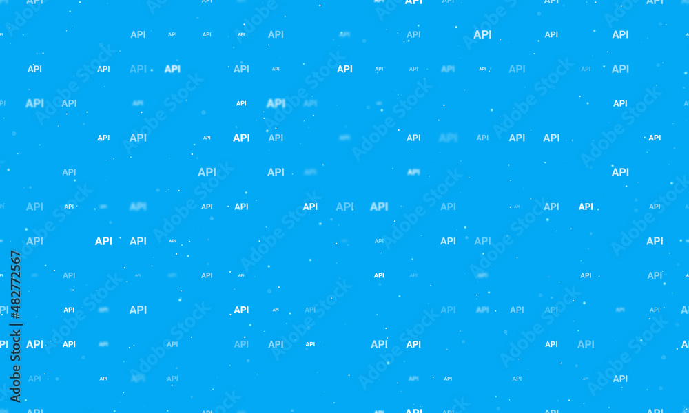Seamless background pattern of evenly spaced white api symbols of different sizes and opacity. Vector illustration on light blue background with stars