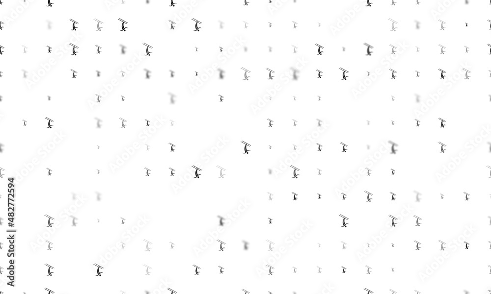 Seamless background pattern of evenly spaced black freestyle skiing symbols of different sizes and opacity. Vector illustration on white background