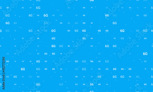 Seamless background pattern of evenly spaced white 6G symbols of different sizes and opacity. Vector illustration on light blue background with stars