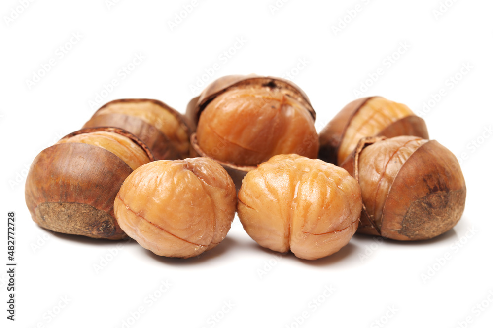chinese food, peeled roasted chestnut on white background chinese food, peeled roasted chestnut on white background